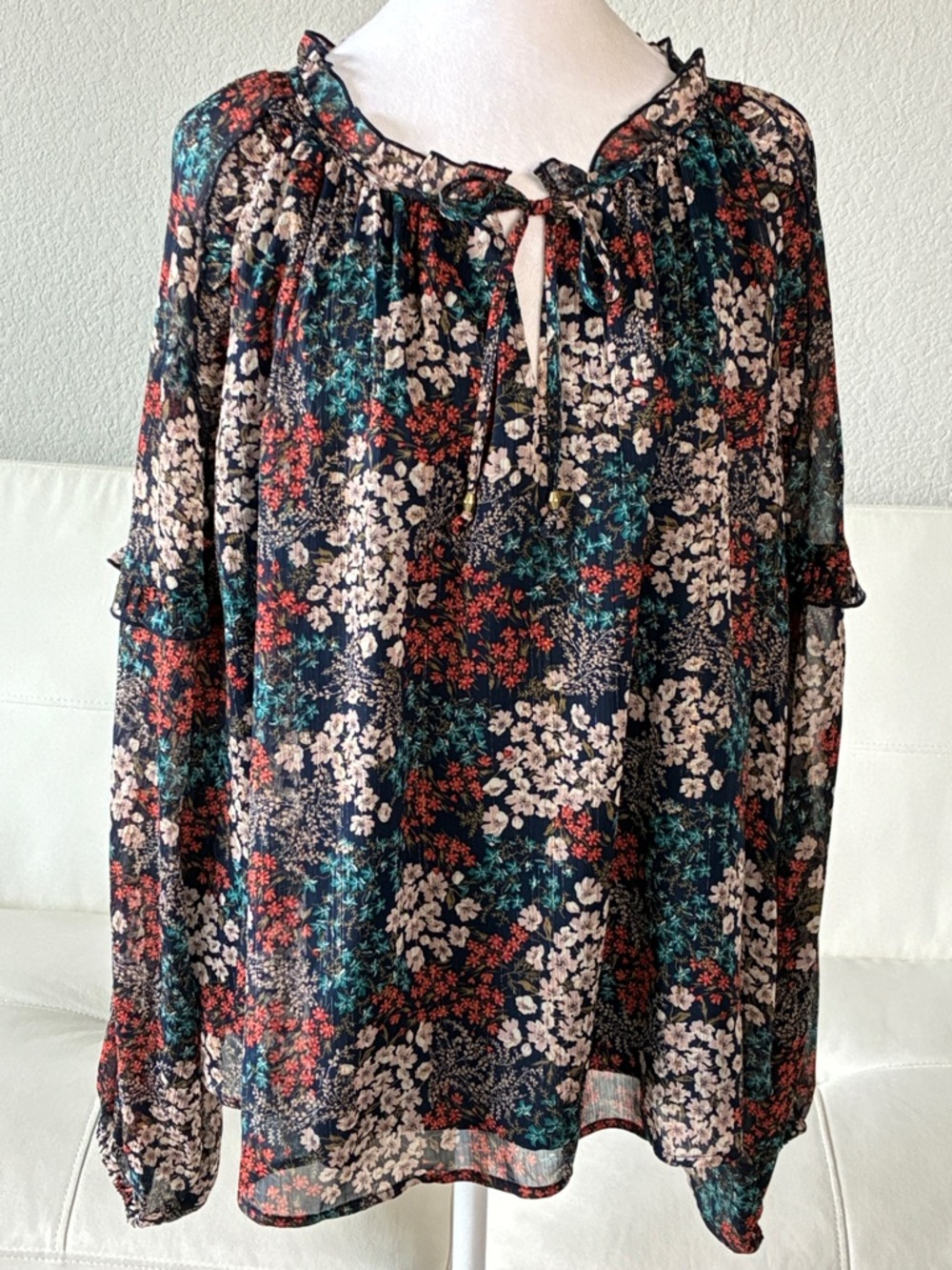 Wonderly Navy Floral Peasant Blouse with Tie Neck
